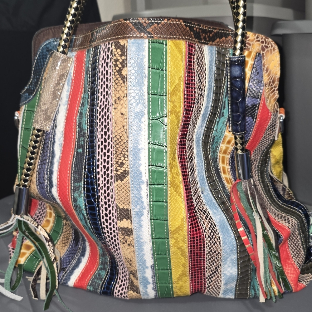 Vibrant Multicolor Patch Shoulder Bag with Stripes and Unique Textures